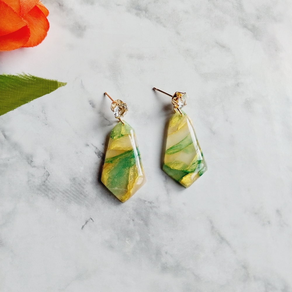 OpalGlaze Quartz Clay Earrings Emerald Green Gold Hand crafted Earrings.
